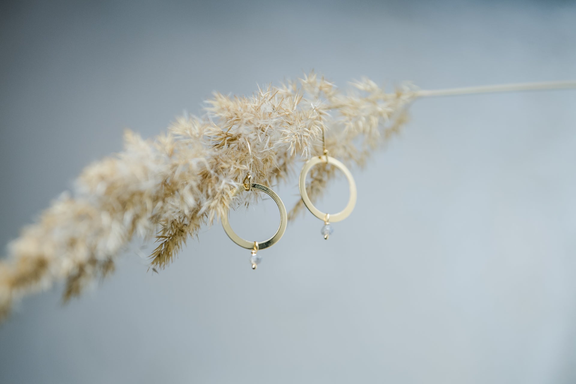 Handgefertigte Creolen aus 14 Karat Goldfilled mit Labradorit-Perle – filigrane Ohrringe vor naturinspirierter Kulisse