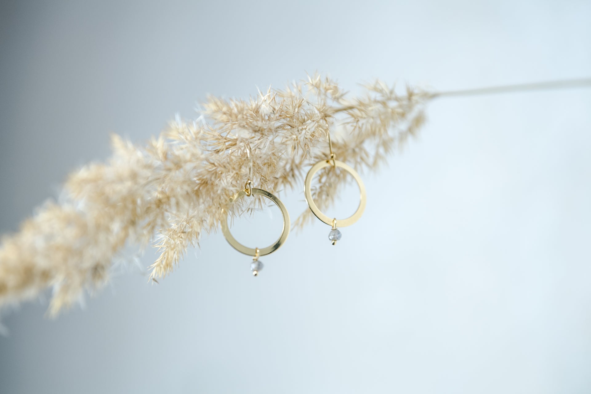 Handgefertigte Creolen aus 14 Karat Goldfilled mit Labradorit-Perle – filigrane Ohrringe vor naturinspirierter Kulisse